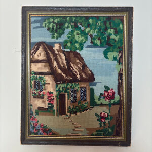 🧵 Vintage Needlepoint Cottage Wall Art – Framed – 16” x 13”